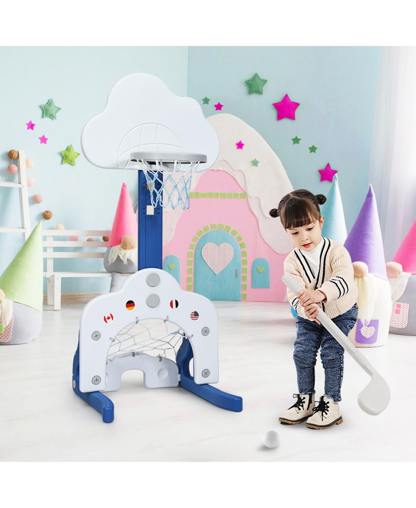 Детские игрушки HONGGE 3-in-1 Adjustable Basketball Hoop Set, Ages 3+ — фото 3
