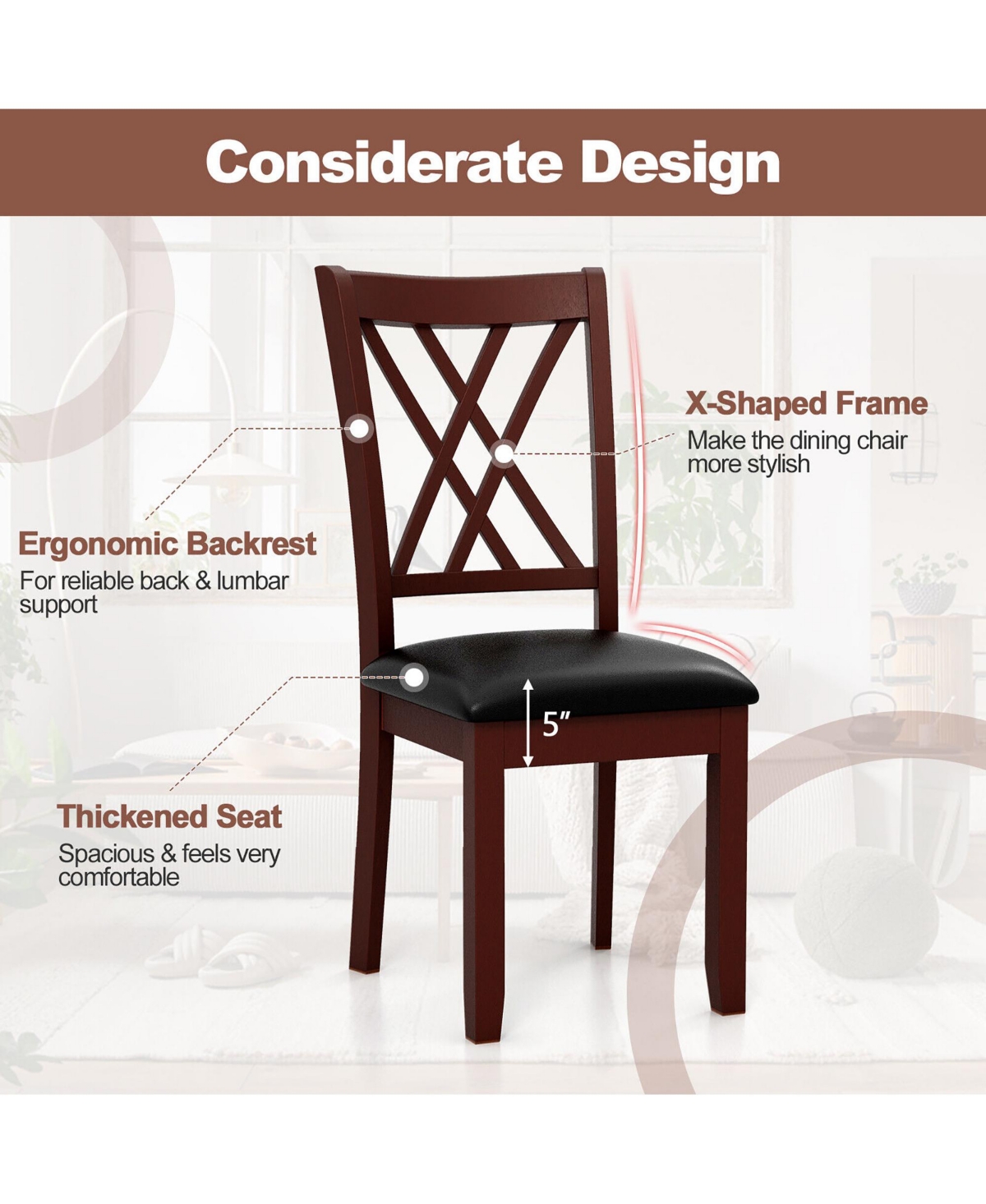 Gymax Set of 4 Dining Chair Kitchen Chair with Backrest Padded Seat & Rubber Wood Legs - Brown + black