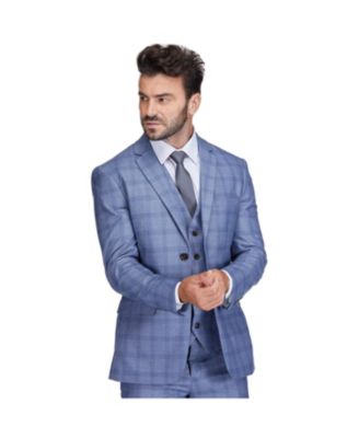 Men's Slim Fit 3-Piece Light Blue Checked Plaid Suit