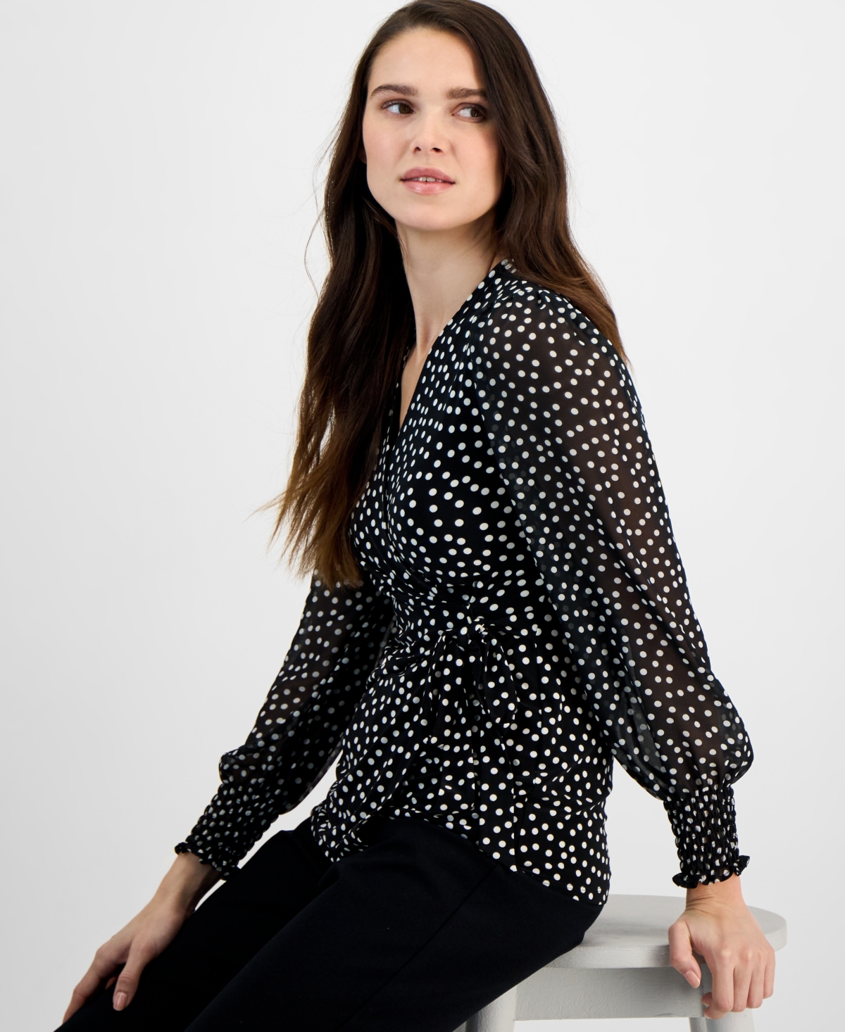 Anne Klein Women's Floral-print Smocked Wrap Top In Anne Black,anne White