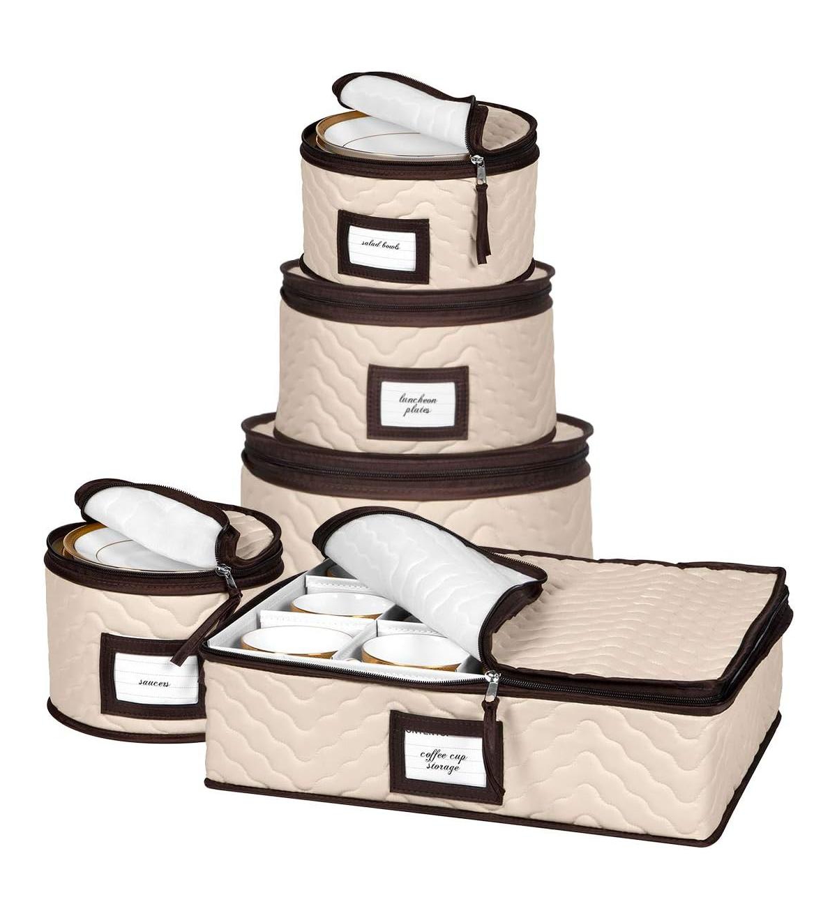 5-Piece Set China Storage Containers with Dividers - Holds Set of 12 Dinnerware - Beige