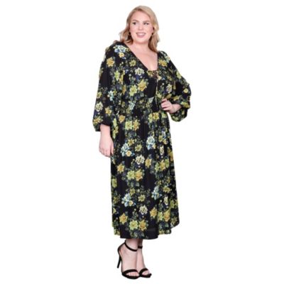Plus Size Floral-Print Sheer Sleeve Midi Dress