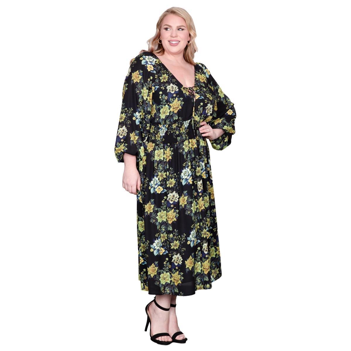Standards & Practices Women's Floral-Print Sheer Sleeve Midi Dress