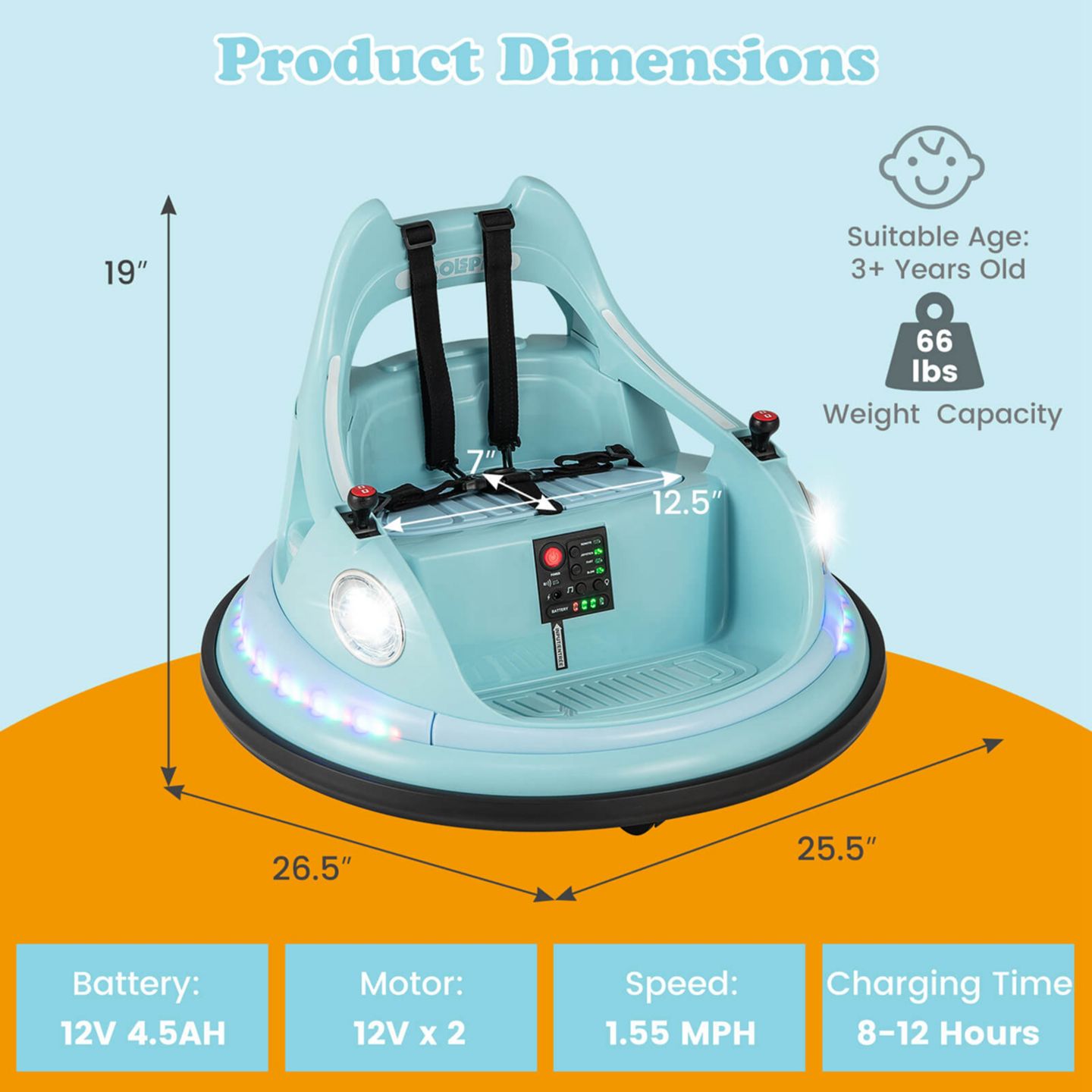 Детская игрушка Costway 12V Electric Ride On Bumper Car with Remote Control & LED Lights, 66 lbs Capacity, Ages 3+, цвет: Синий — фото 4