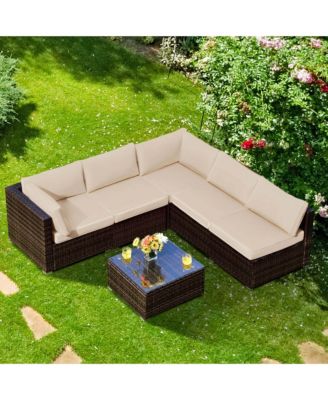 6PCS Patio Rattan Furniture Set Cushioned Sofa Coffee Table Garden