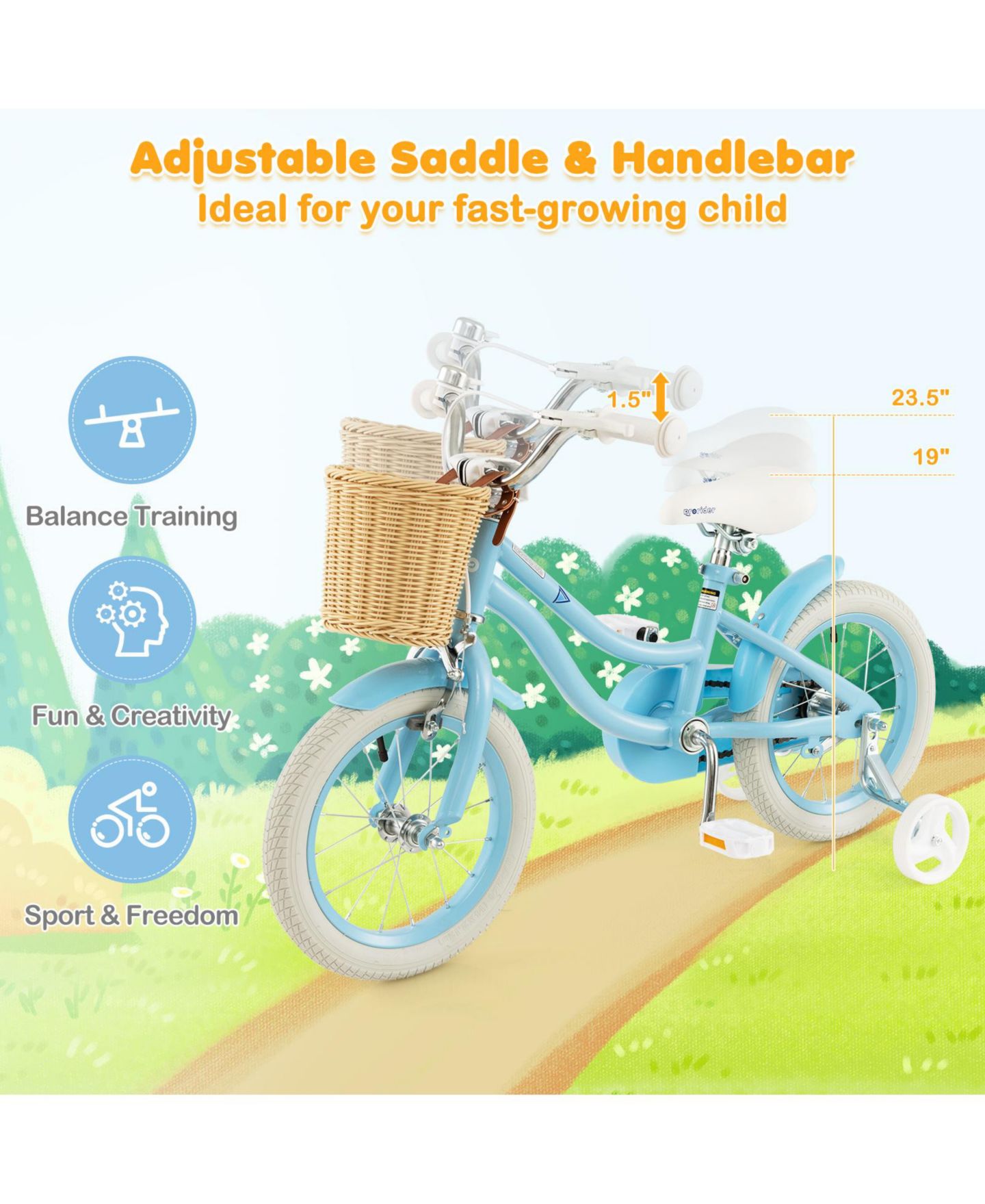 Детская игрушка HONGGE 14-Inch Kids' Bike with Training Wheels and Adjustable Seat & Handlebar, Ages 3-5 — фото 6