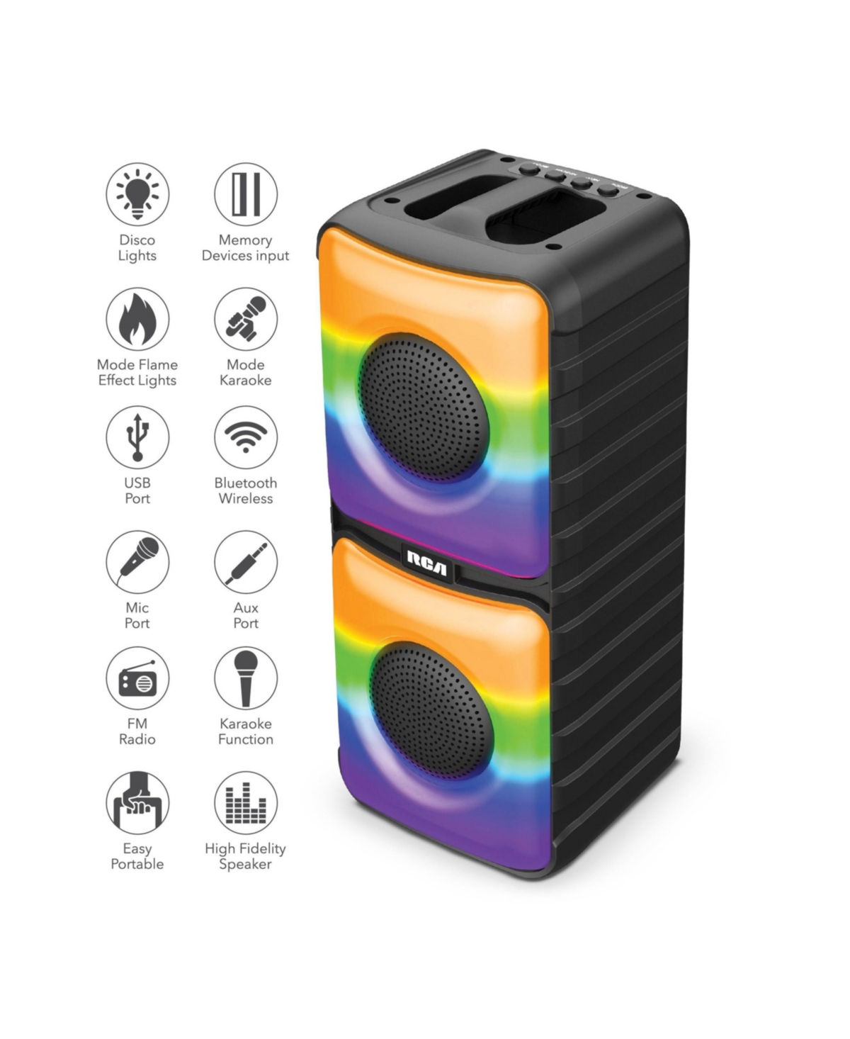 Rca Disco 204 Flame Effect Bluetooth Party Speaker, Dual Woofer