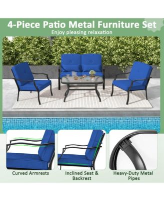4 PCS Patio Furniture Set Outdoor Conversation Sofa Tempered Glass Coffee Table