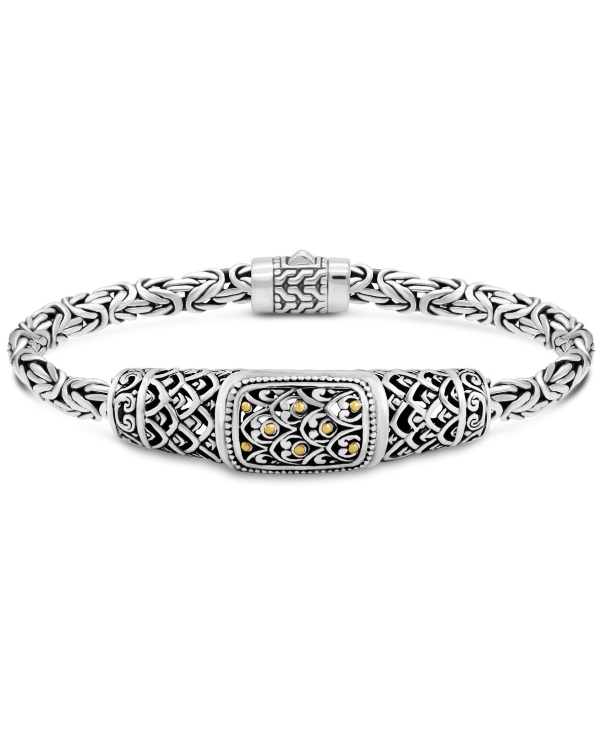 Bali Dragon Skin with Borobudur Oval 5mm Chain Bracelet in Sterling Silver and 18K Gold Accents, Medium 7.5 in - Silver