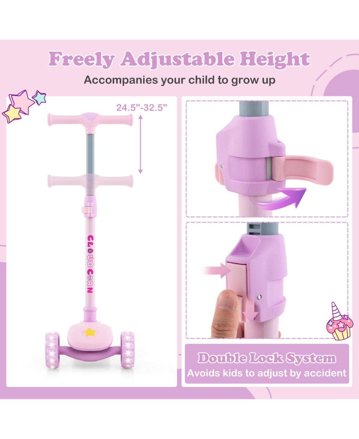 Hongge Folding Kids Scooter with Extra Wide Deck and Led Lighted Pu Wheels- Purple