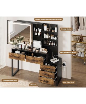 Vanity Desk, Makeup Vanity with Adjustable LED Lighted Sliding Mirror, Charging Station, Vanity Table with 5 Drawers