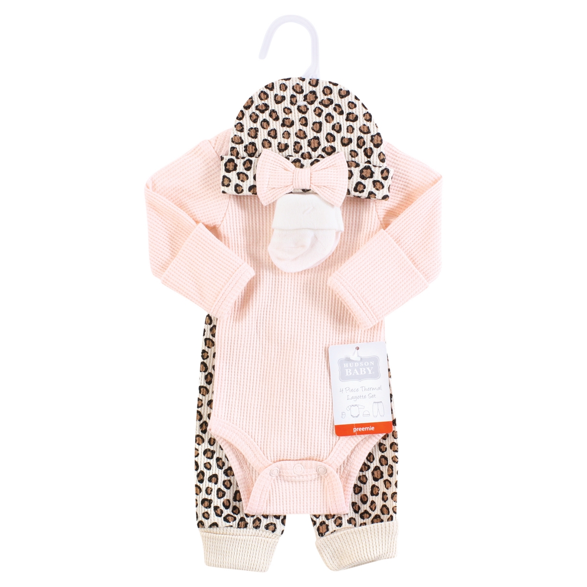 Hudson Baby Baby Girls Thermal Preemie Layette Set 4pc Long Sleeve Outfit, Preemie - Leopard