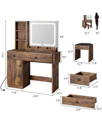 Brown Vanity Desk with LED Lighted Mirror & Power Outlet, Makeup Vanity with Drawers & Cabinet & Chair