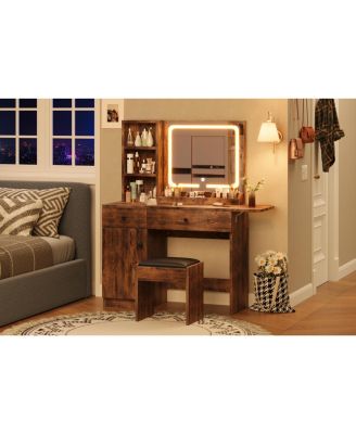 Brown Vanity Desk with LED Lighted Mirror & Power Outlet, Makeup Vanity with Drawers & Cabinet & Chair