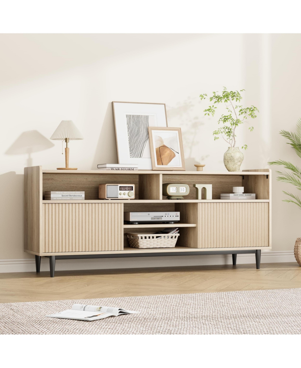 gaomon Tv Stand for inch, Mid Century Modern Entertainment Center with Storage and Sliding Doors