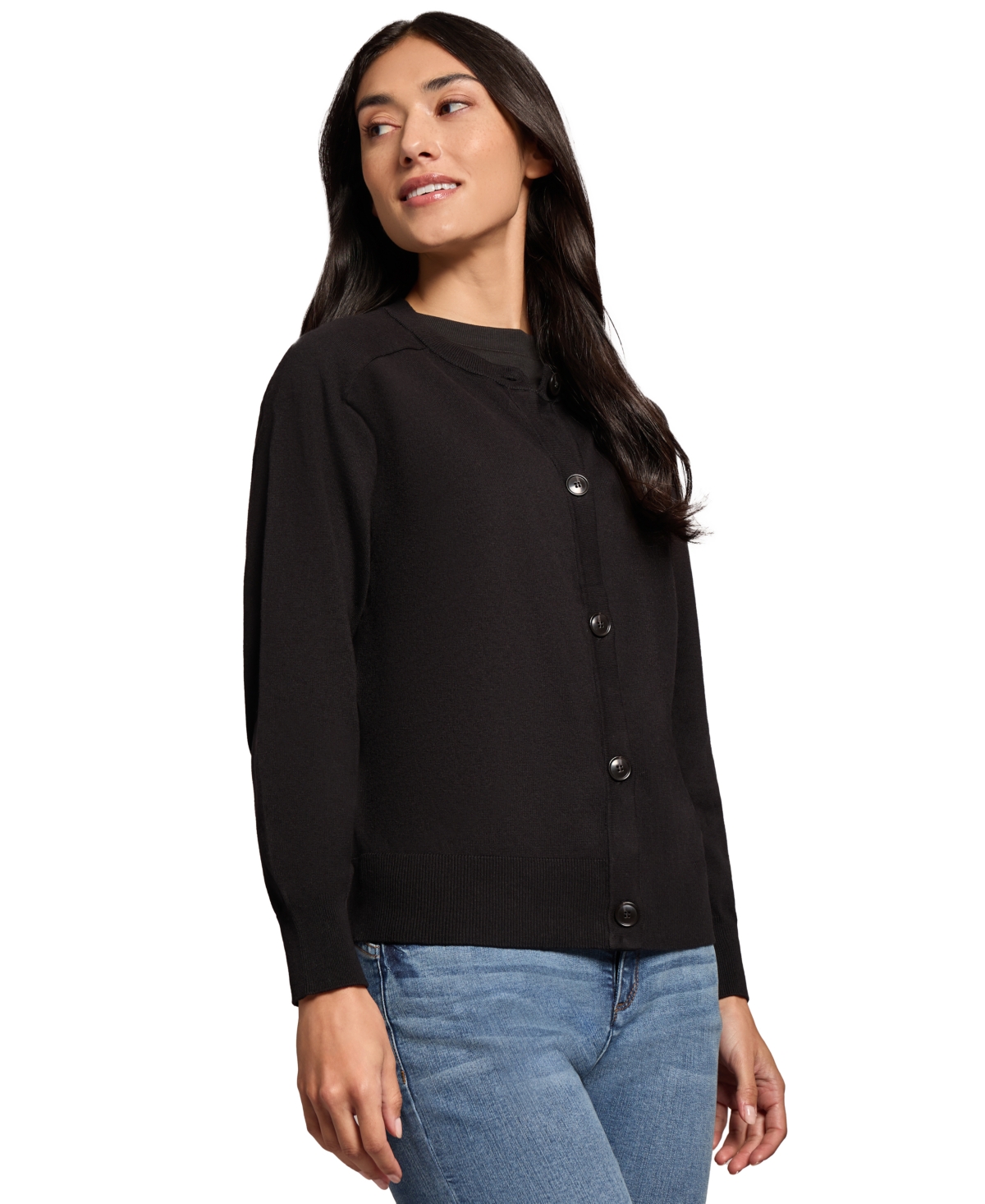 Jones New York Petite Saddle-shoulder Cardigan Sweater In Black