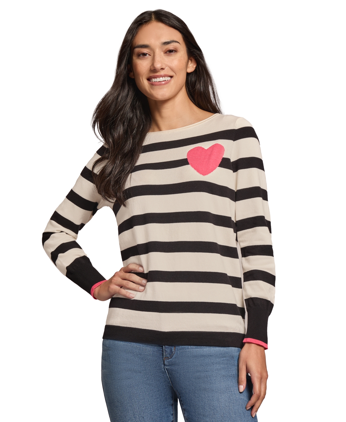 Shop Jones New York Petite Intarsia Heart Striped Sweater In Natural