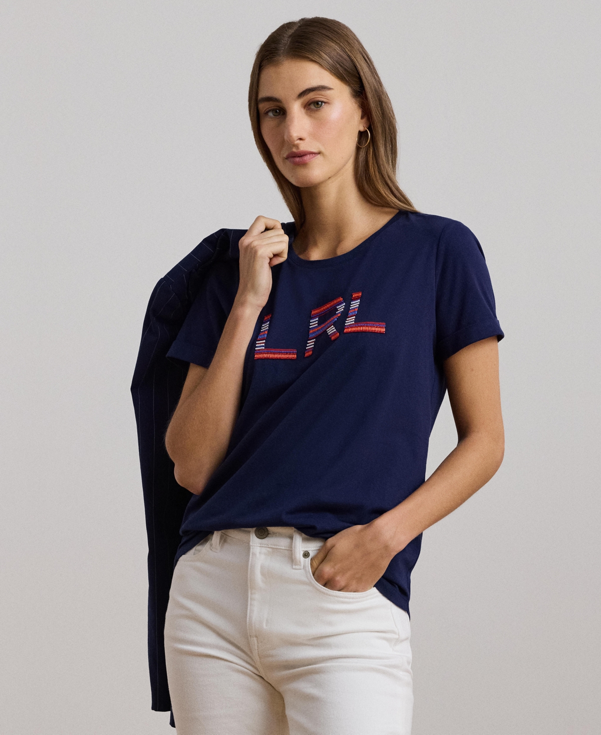 Lauren Ralph Lauren Women's Beaded-Logo Cotton Jersey Tee