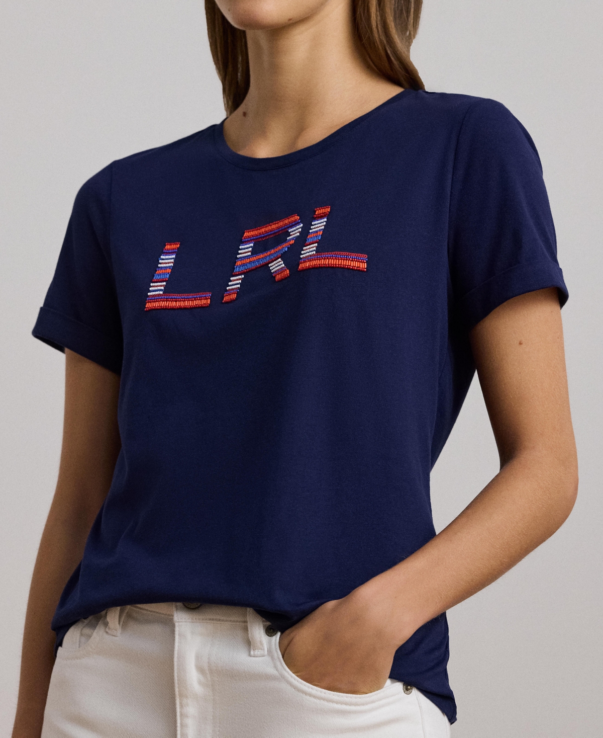 Lauren Ralph Lauren Women's Beaded-Logo Cotton Jersey Tee