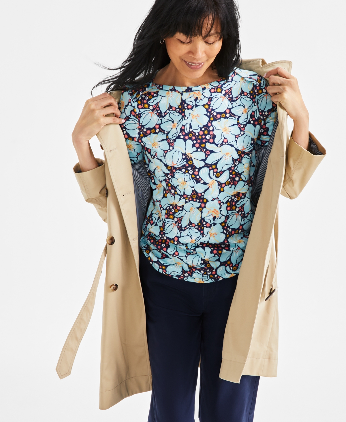 Style & Co Women's Printed Pima Cotton 3/4-Sleeve Top, Exclusively at Macy's