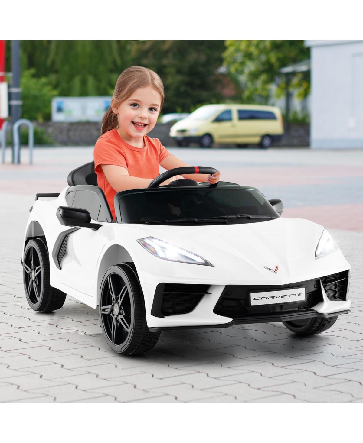 Hongge 12V Electric Kids Ride On Car Licensed Chevrolet Corvette C8 with Remote Control Ages 3+ Years Old-Orange