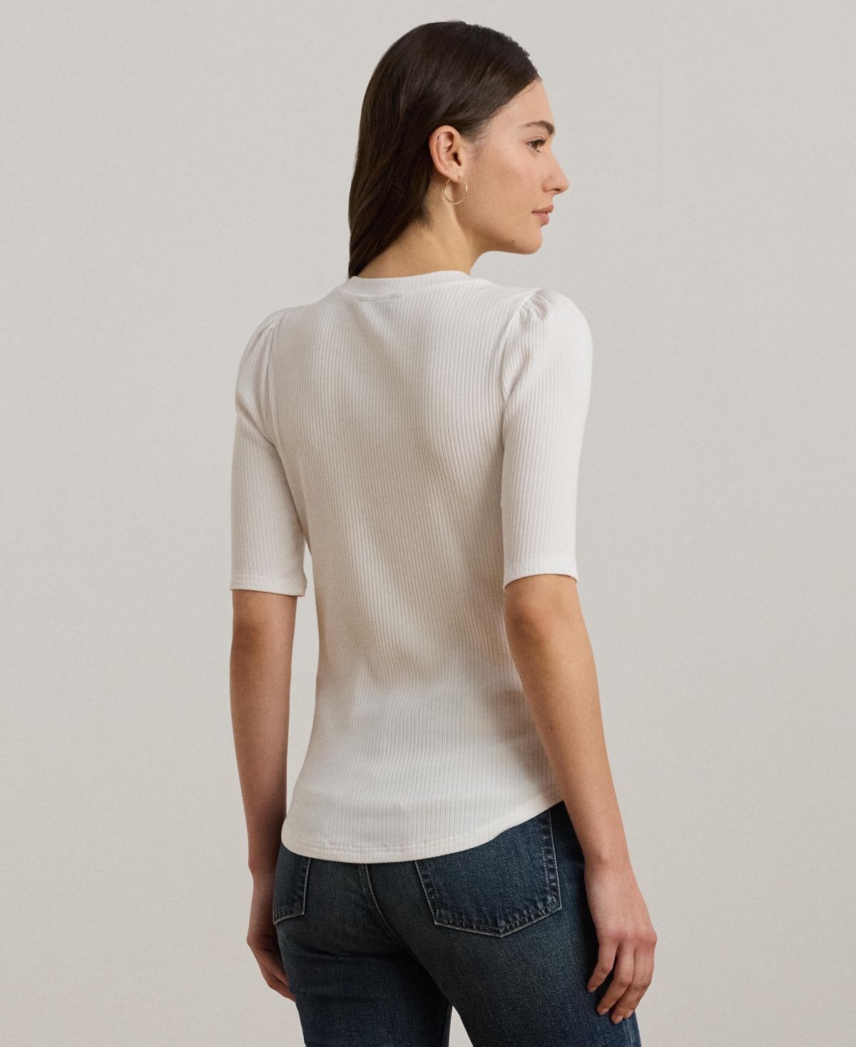 Lauren Ralph Lauren Women's Cotton-Blend Rib-Knit Puff-Sleeve Tee