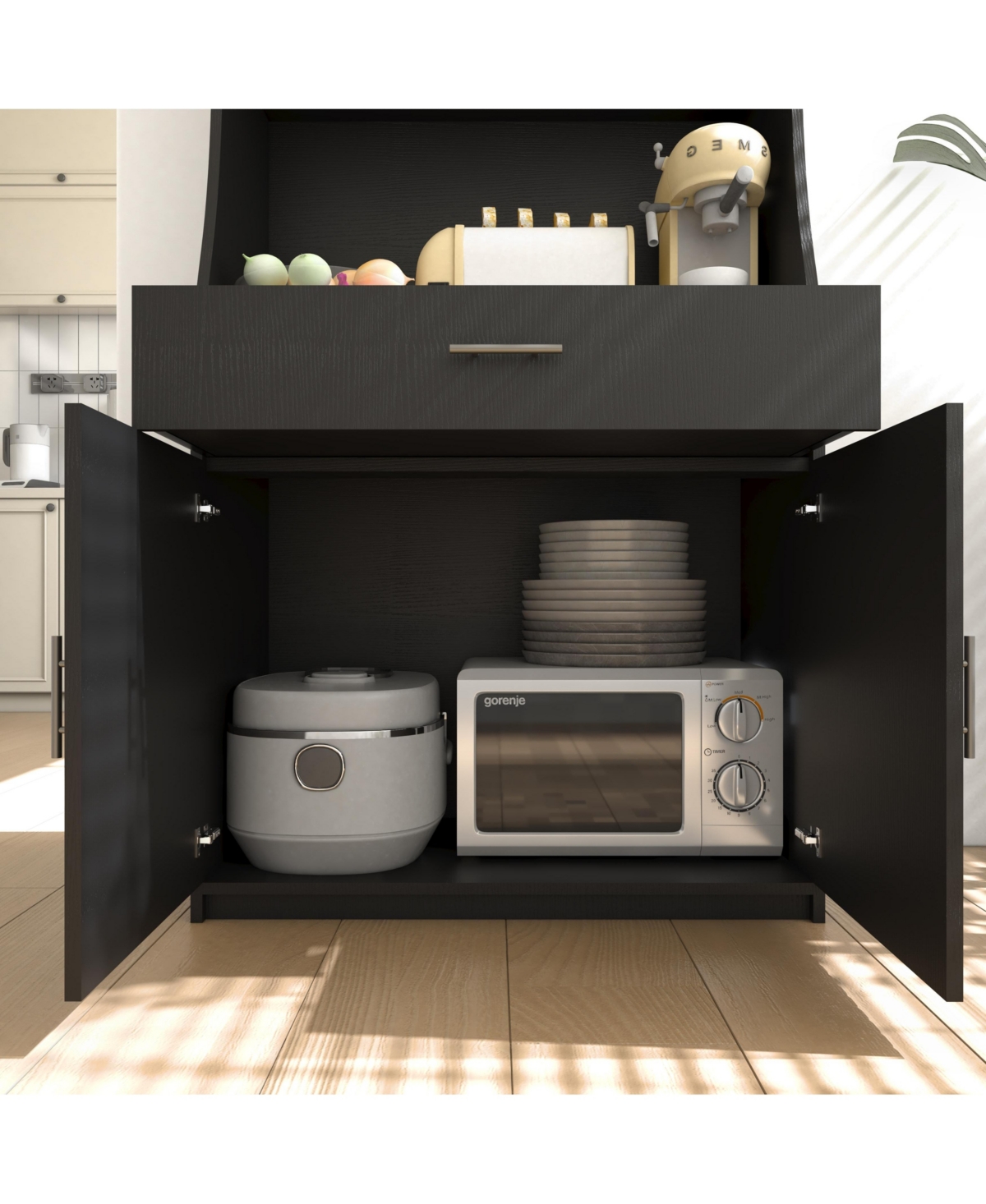 Slickblue Kitchen Storage Cabinet with Charging Station, 2 Outlets, Usb & Type-c Ports, Pantry with 2 Cabinets, Large Drawer & Countertop