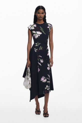 white christmas dresses Desigual Maria Ribbed Knit Midi Dress White Text & Floral Print 24SWVK –  Belle Divino main image 1