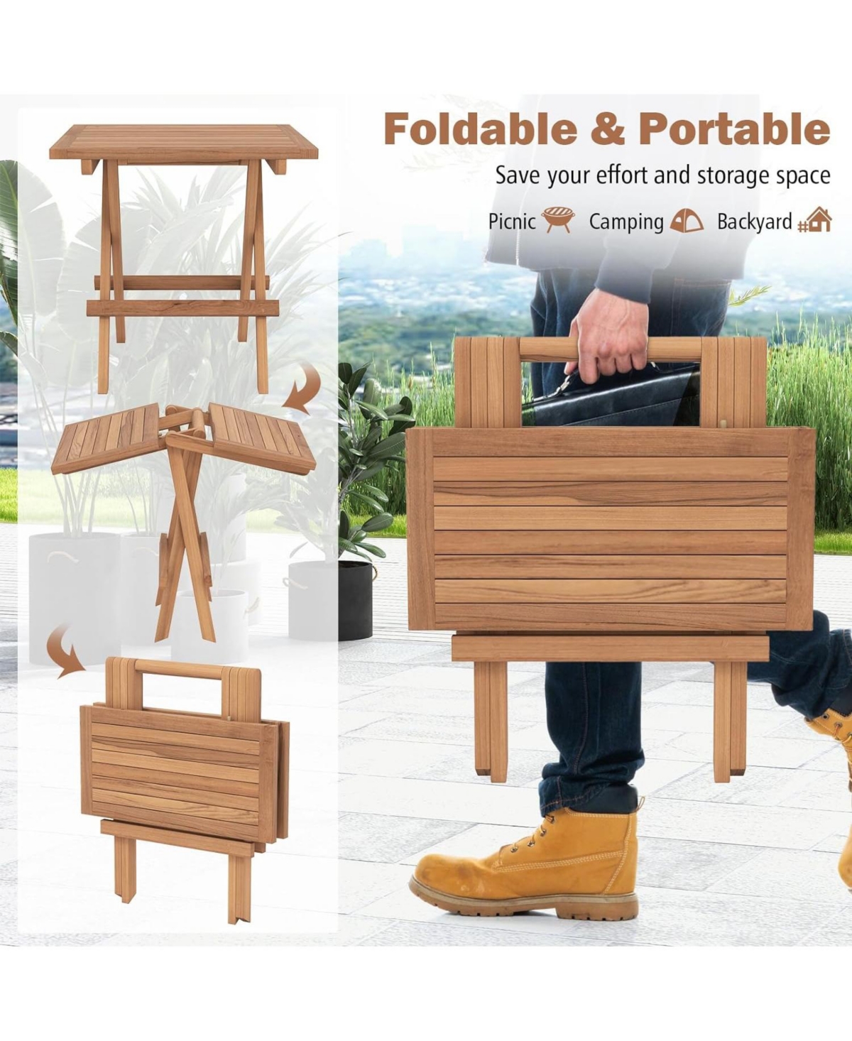 Sugift Square Patio Folding Table Teak Wood with Slatted Tabletop Portable for Picnic