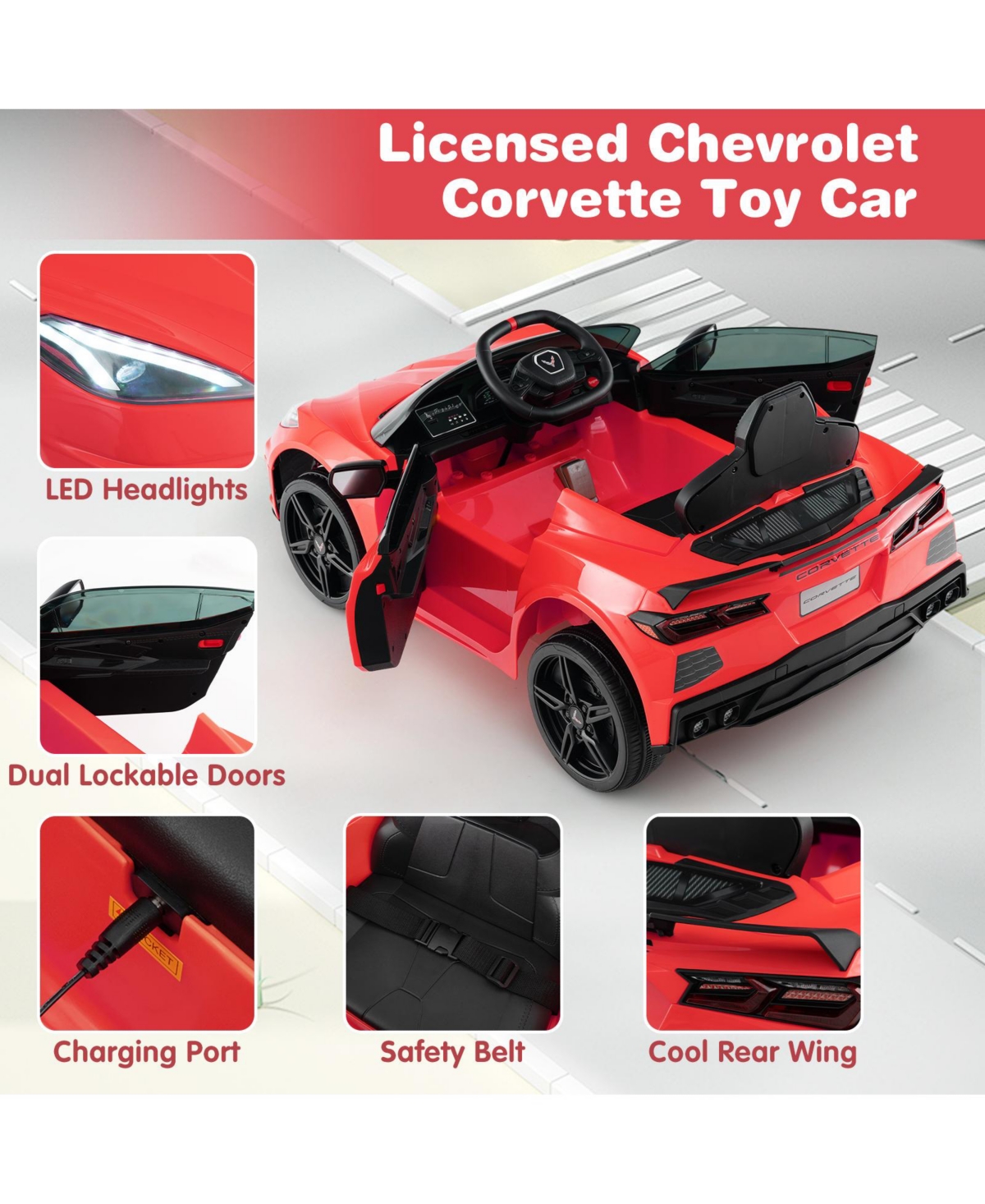 Hongge 12V Electric Kids Ride On Car Licensed Chevrolet Corvette C8 with Remote Control Ages 3+ Years Old- Red
