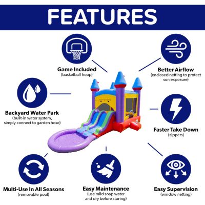 HeroKiddo Jelly Bean Castle Commercial Grade Bounce House Water Slide with Splash Pool (with Blower), Kids and Adults, Basketball Hoop, Wet Dry Combo, Inflatable, Outdoor Indoor, Birthday Party