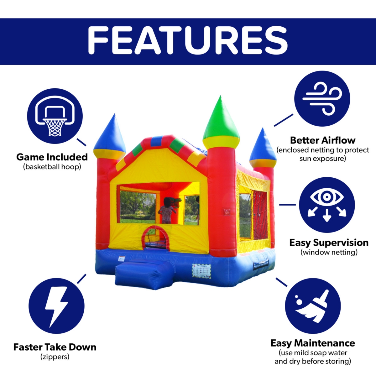 HeroKiddo Castle Commercial Grade Bounce House for Kids and Adults (with Blower), Basketball Hoop, Outdoor Indoor, Birthday Party, Rental Quality, Big