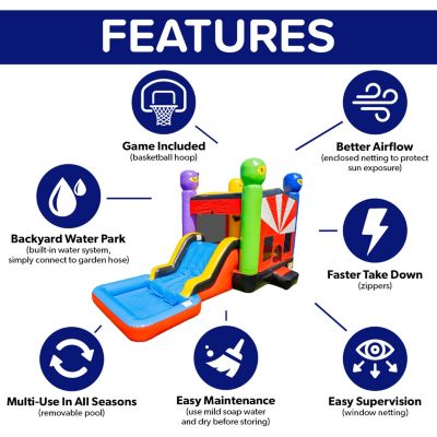 HeroKiddo Ninja Warrior Commercial Grade Bounce House Water Slide Combo with Splash Pool for Kids and Adults (with Blower), Wet Dry Use, Basketball Hoop, Outdoor Indoor, Birthday Party Rental