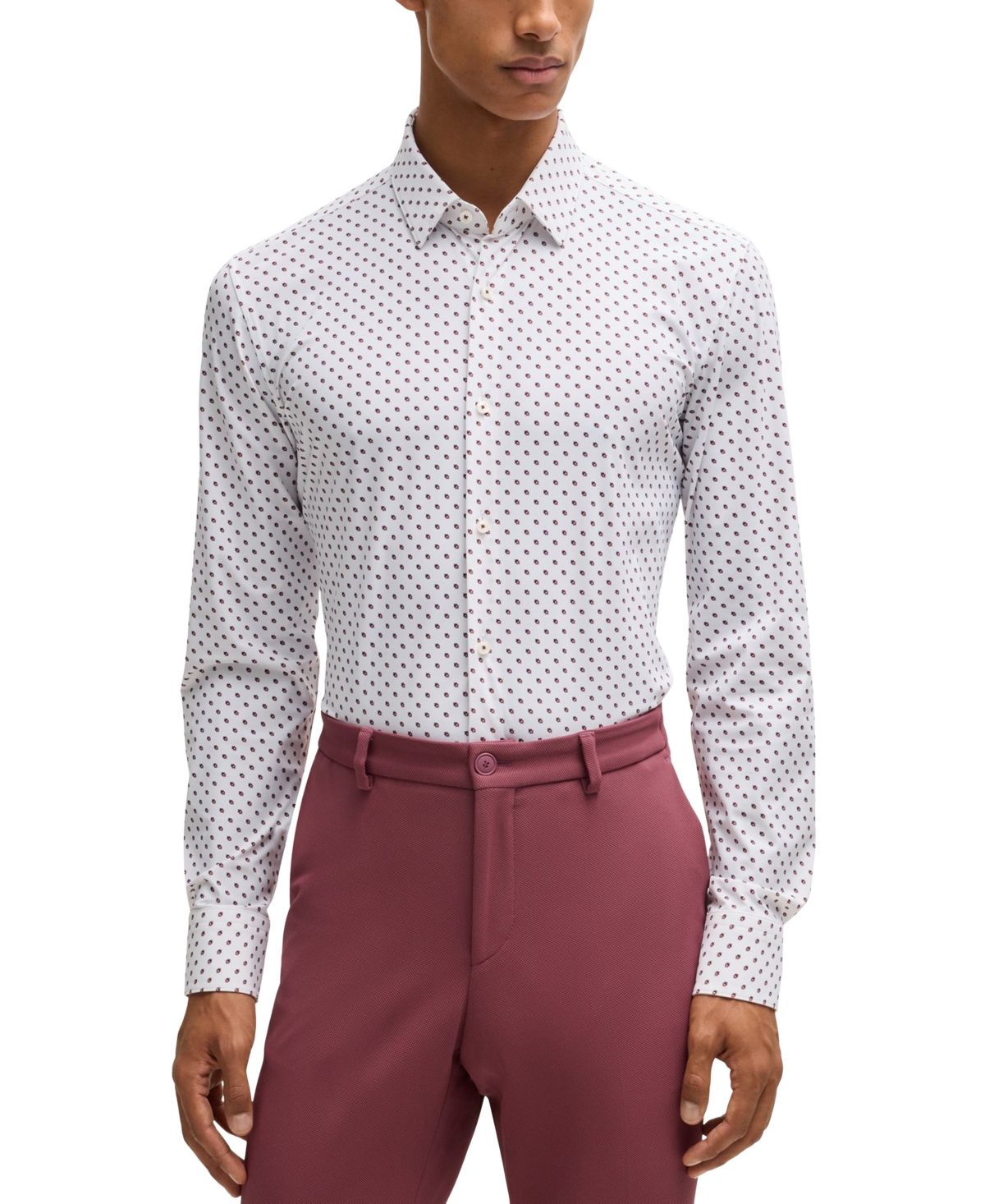 Hugo Boss Boss By  Men's Slim-fit Geometric Print Performance Shirt In Dark Pink