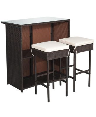 3-piece Rattan Wicker Bar Table Stools Dining Set Cushioned Chairs