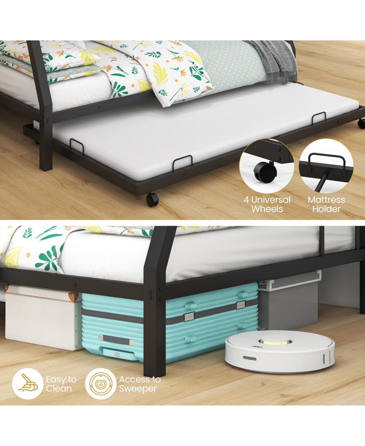 Sugift Twin Over Full Bunk Bed Frame with Trundle for Guest Room