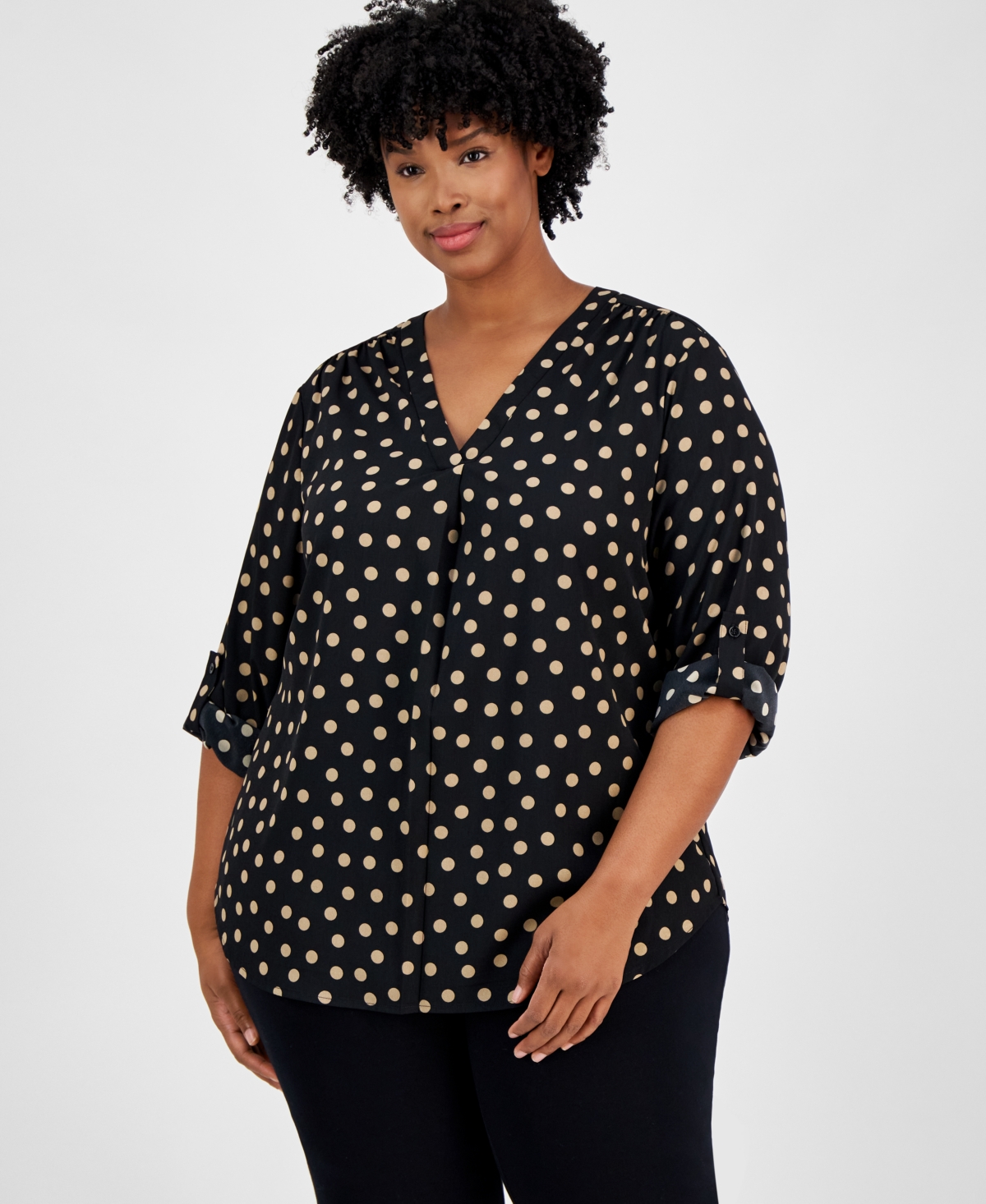 AK ANNE KLEIN PLUS SIZE PRINTED ROLL-TAB-SLEEVE TUNIC 