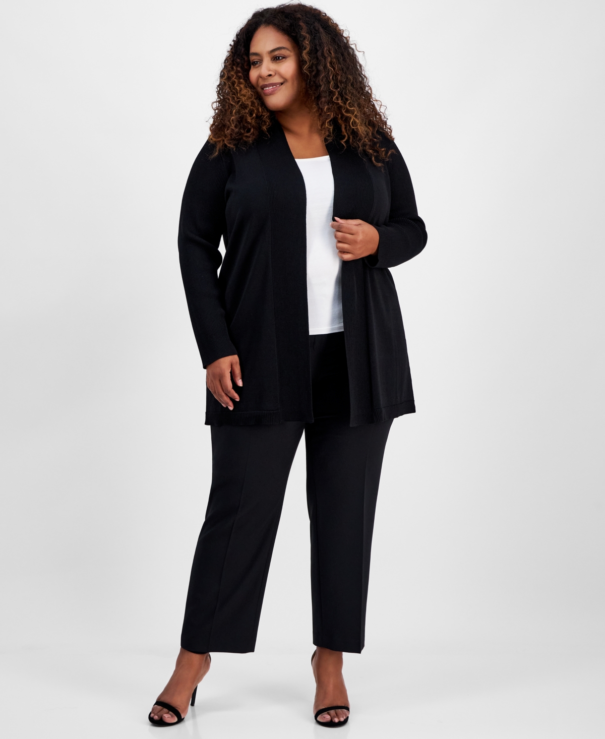 Anne Klein Plus Size Sonoma Open-front Long-sleeve Cardigan In Anne Black