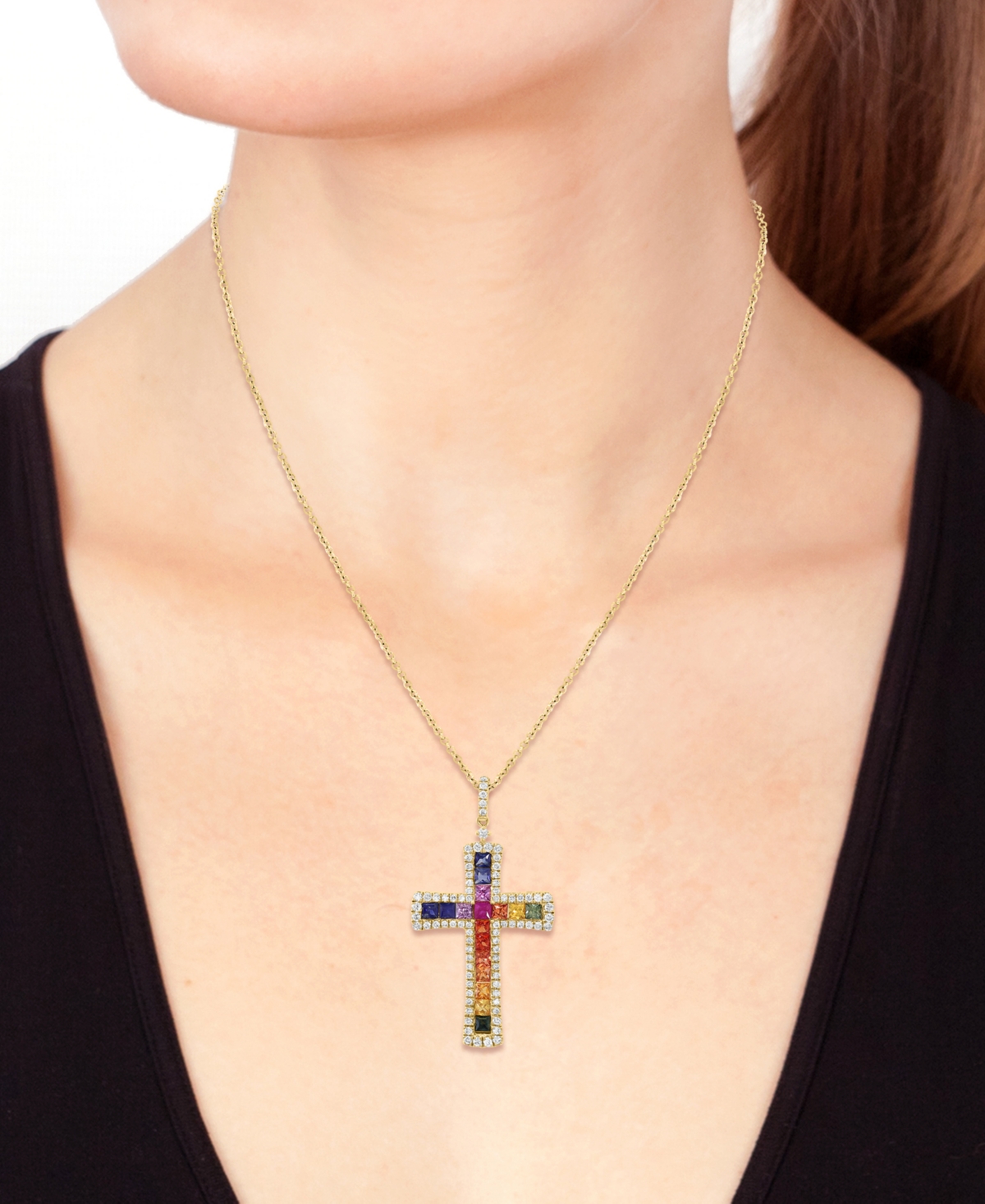 EFFY COLLECTION EFFY MULTI-SAPPHIRE (1-3/4 CT. T.W.) & DIAMOND (5/8 CT. T.W.) CROSS PENDANT NECKLACE IN 14K GOLD, 18 