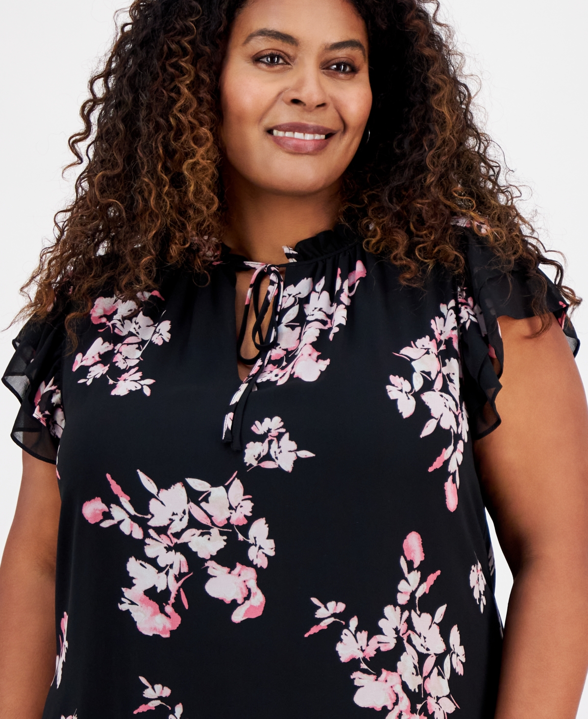 ANNE KLEIN PLUS SIZE FLORAL-PRINT RUFFLE-SLEEVE BLOUSE