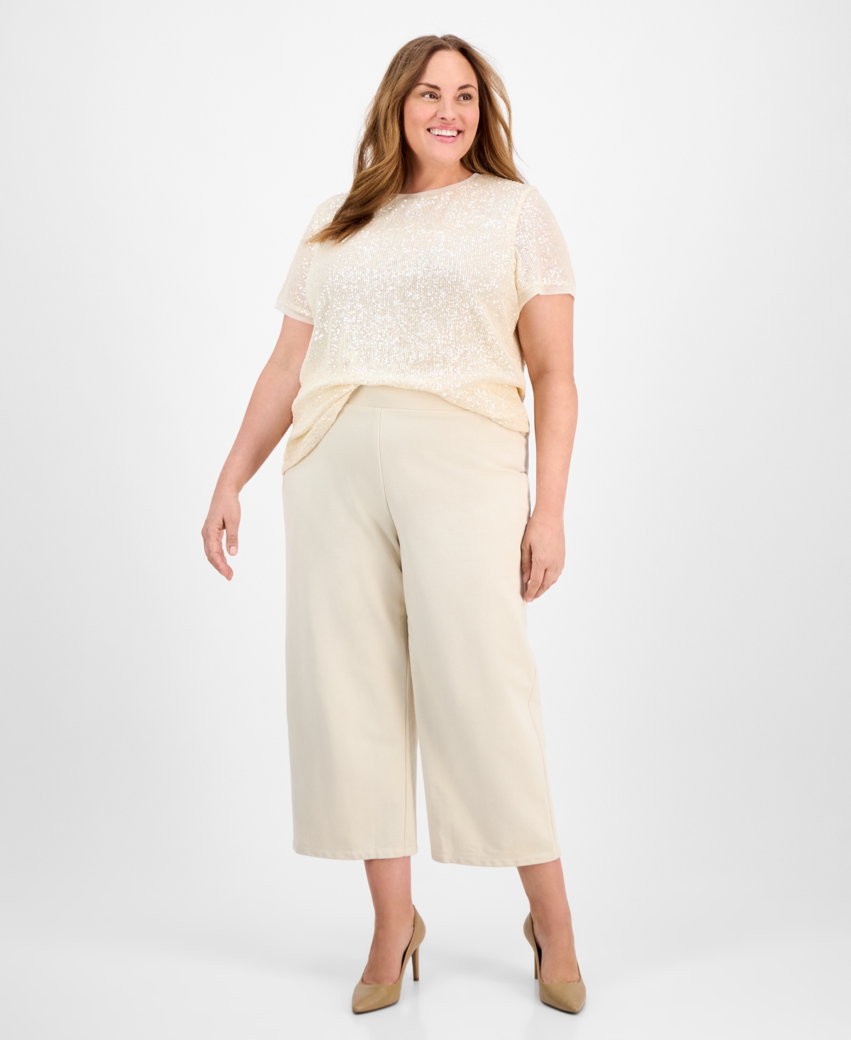 Plus Size Cropped Mid-Rise Wide-Leg Pants - Soft Latte