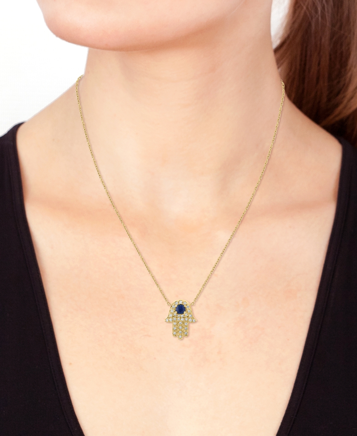 Effy Collection Effy Blue Sapphire (1/4 Ct. T.w.) & Diamond (1/6 Ct. T.w.) Hamsa Hand 18" Pendant Necklace In 14k Ye