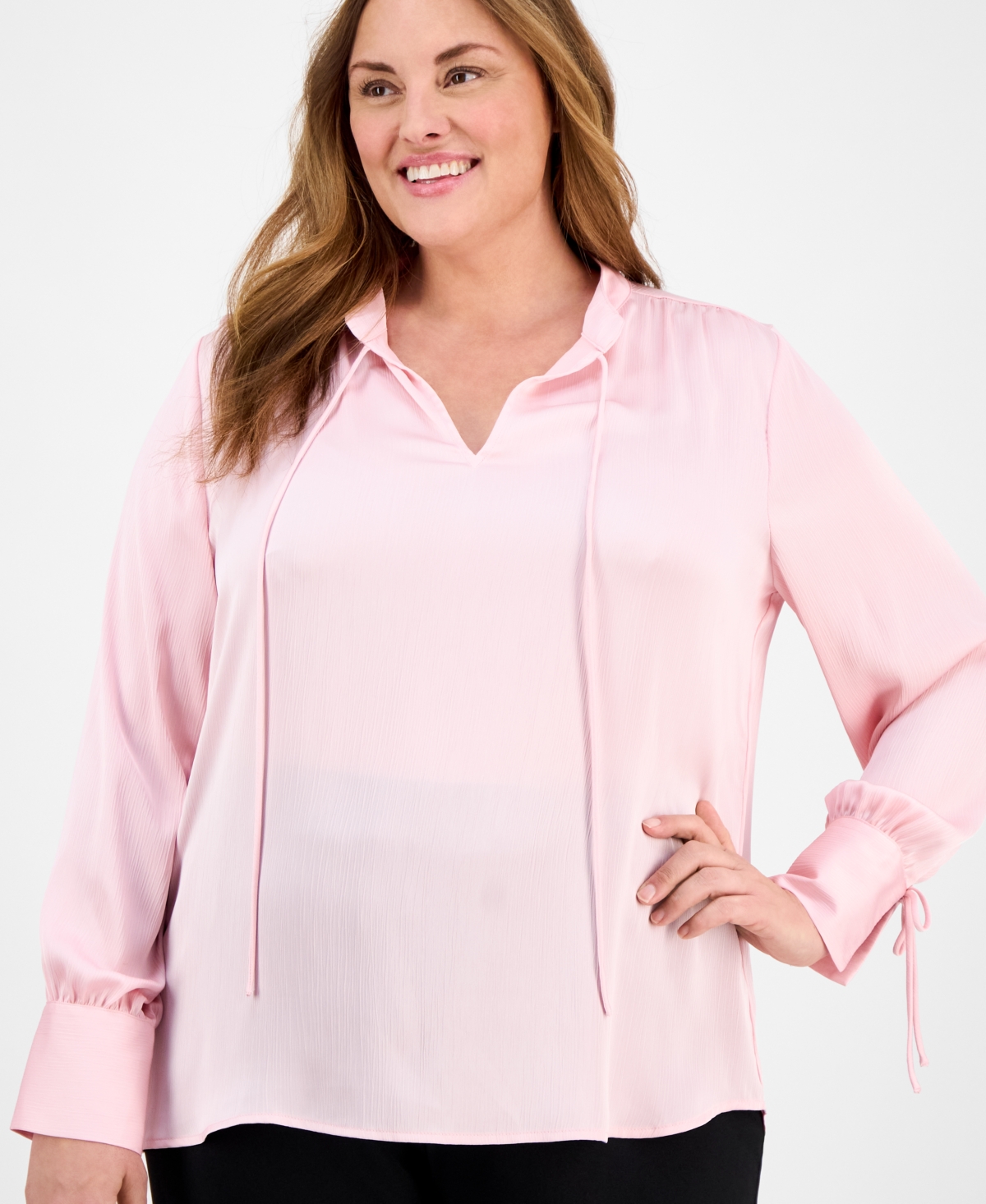 Anne Klein Plus Size Tie-neck Stand-collar Blouse In Peony Pink