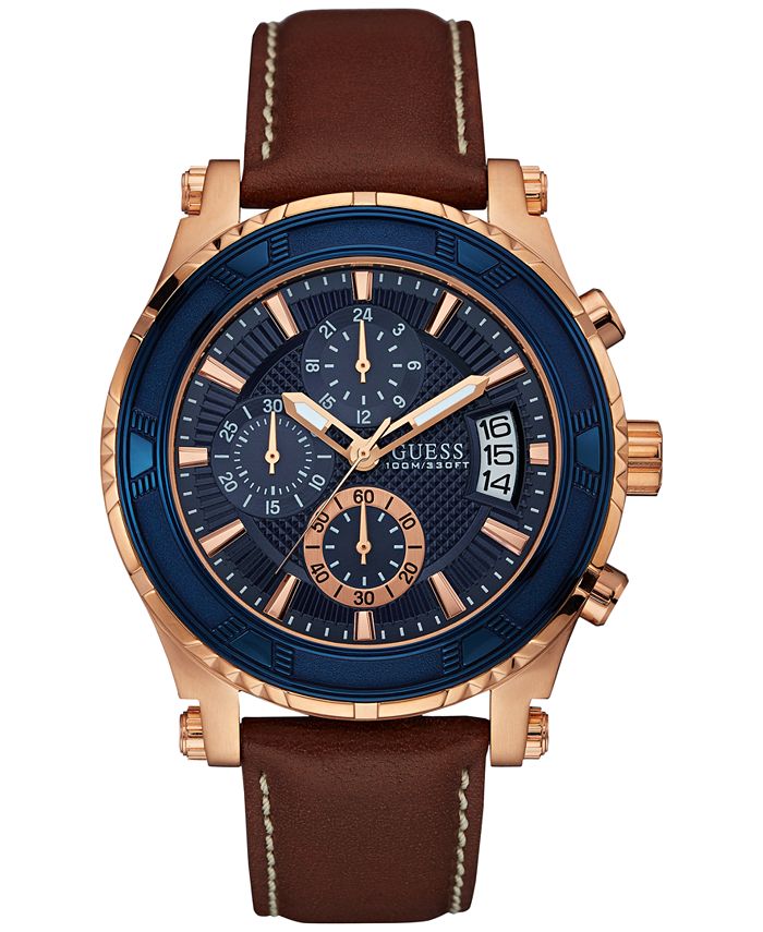 GUESS - Men's Chronograph Brown Leather Strap Watch 46mm U0673G3