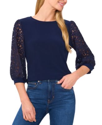 CeCe - Women's Solid Lace-3/4-Sleeve Knit Crewneck Top