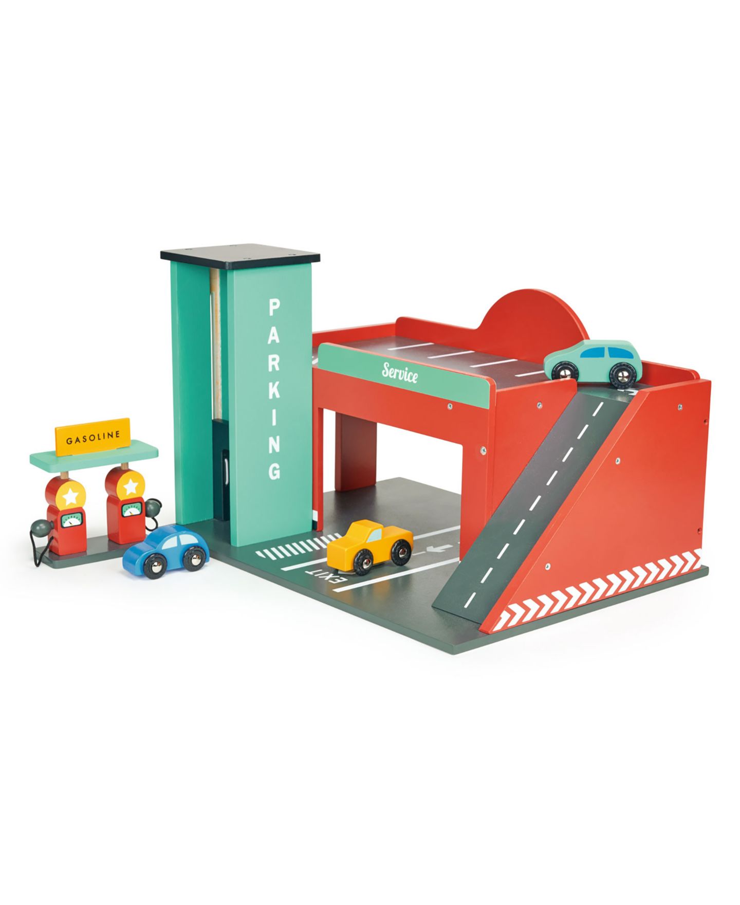 Детский игровой набор Mentari Toys Wooden Gas Station Playset with Car Lift, 7-Piece, Ages 3+ — фото 2