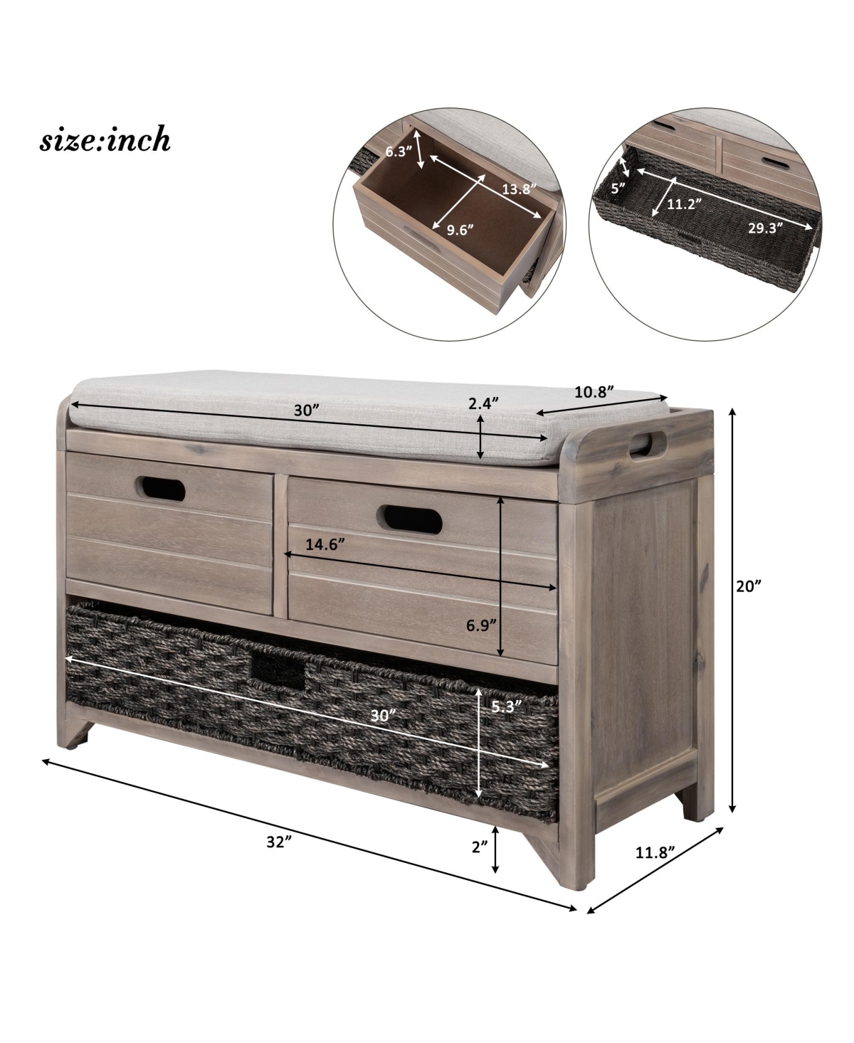 Slickblue Storage Bench with Removable Basket & 2 Drawers Versatile Organization Solution for Any Space