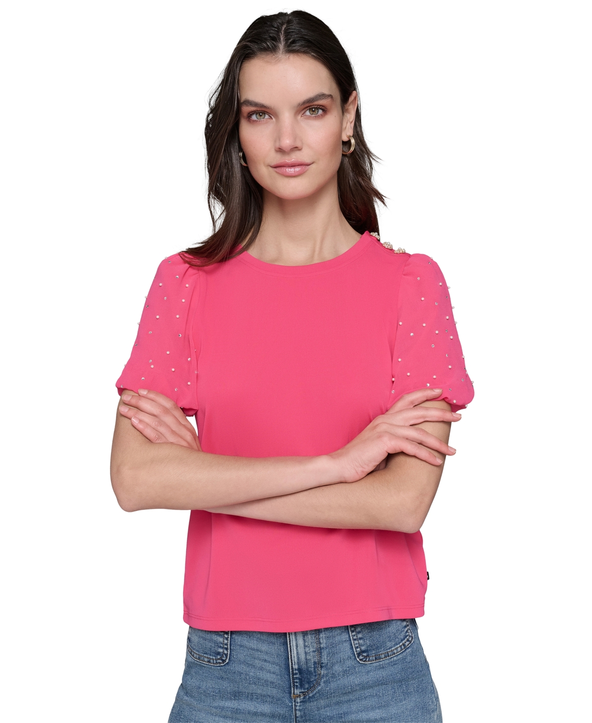 Karl Lagerfeld Petite Embellished Knit Top In Teaberry