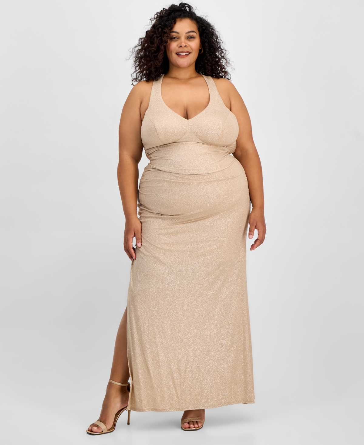 B Darlin Trendy Plus Size V-neck Sleeveless Glitter Gown, Created For Macy's In Med Beige