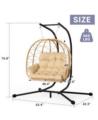 Outdoor 2-Person Hanging Wicker Double Egg Porch Swing Chair with Stand and Beige Cushion